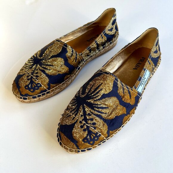 PRADA Slip-on Espadrilles Navy and Gold Metallic Size 40.5 - Picture 1 of 14